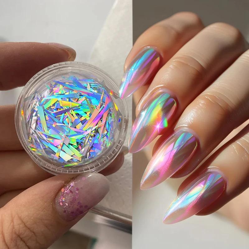 1Box Irregular Laser Glass Paper Aurora Nail Sequinscutting-Free Long Colorful Nail Stickers Diy Fingernail Decoration