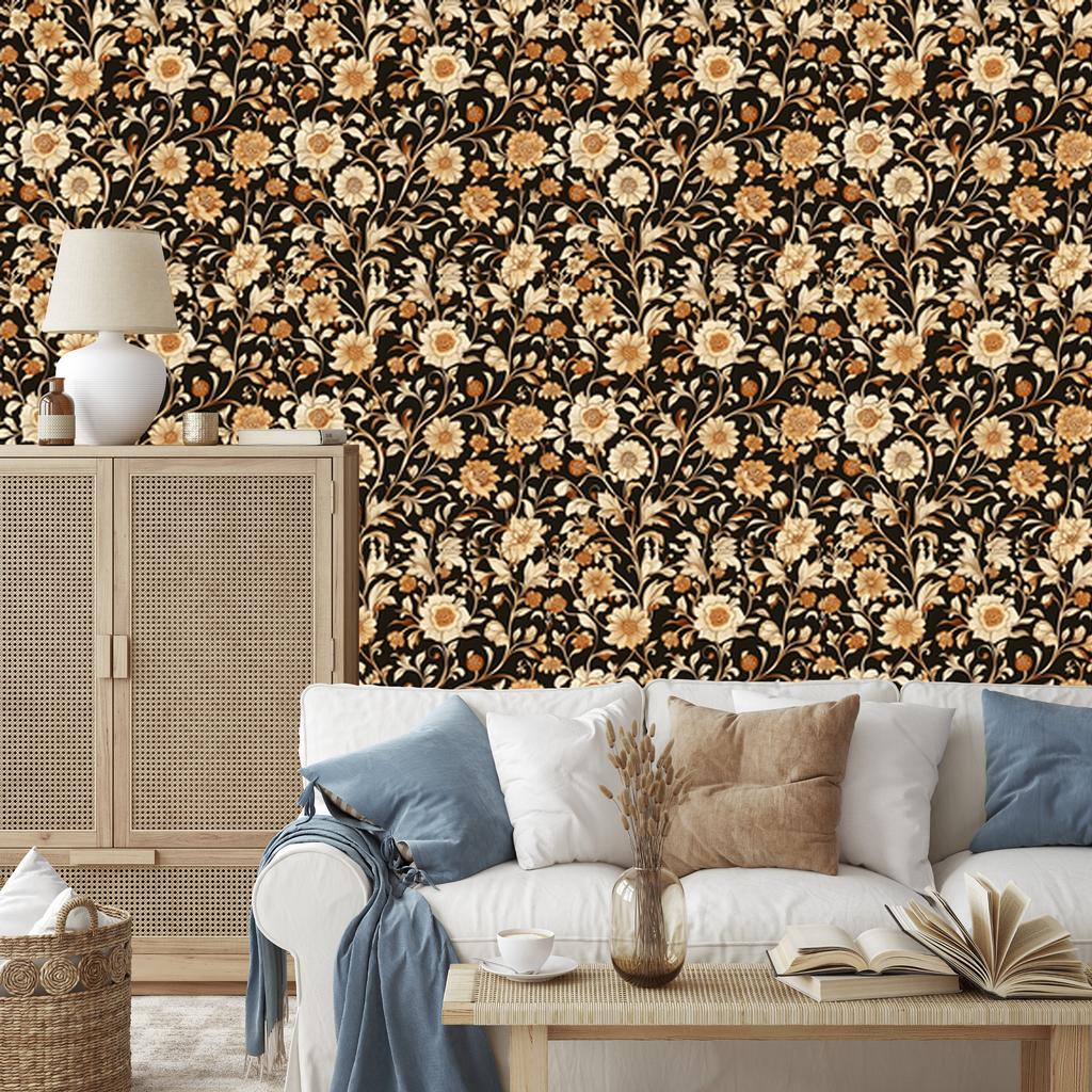 Flowers and Leaves Wallpaper Ochre, Gold and Brown for Living Room and Bedroom 50x1000