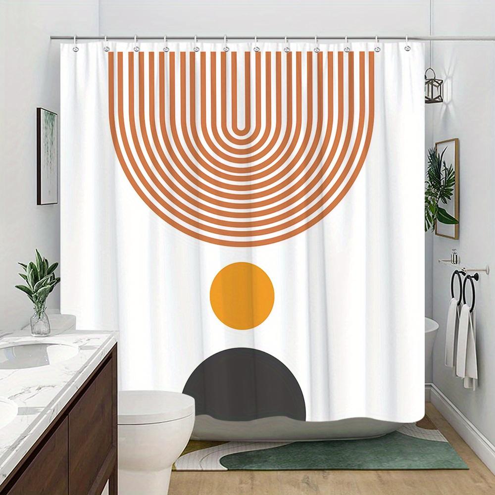 1 Abstract Geometric Shower Curtain - Brown/White/Black Circles And Lines, Polyester Fabric, Hooks, Machine Washable