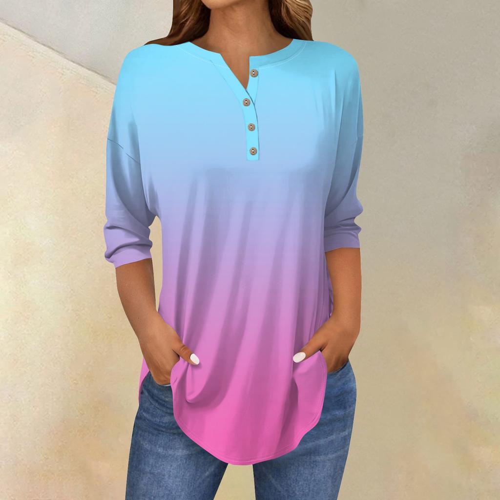 Tee Shirts For Women Fall Casual 3/4 Long Sleeve Button Shirts Sweatshirt Vintage  Top Pullover