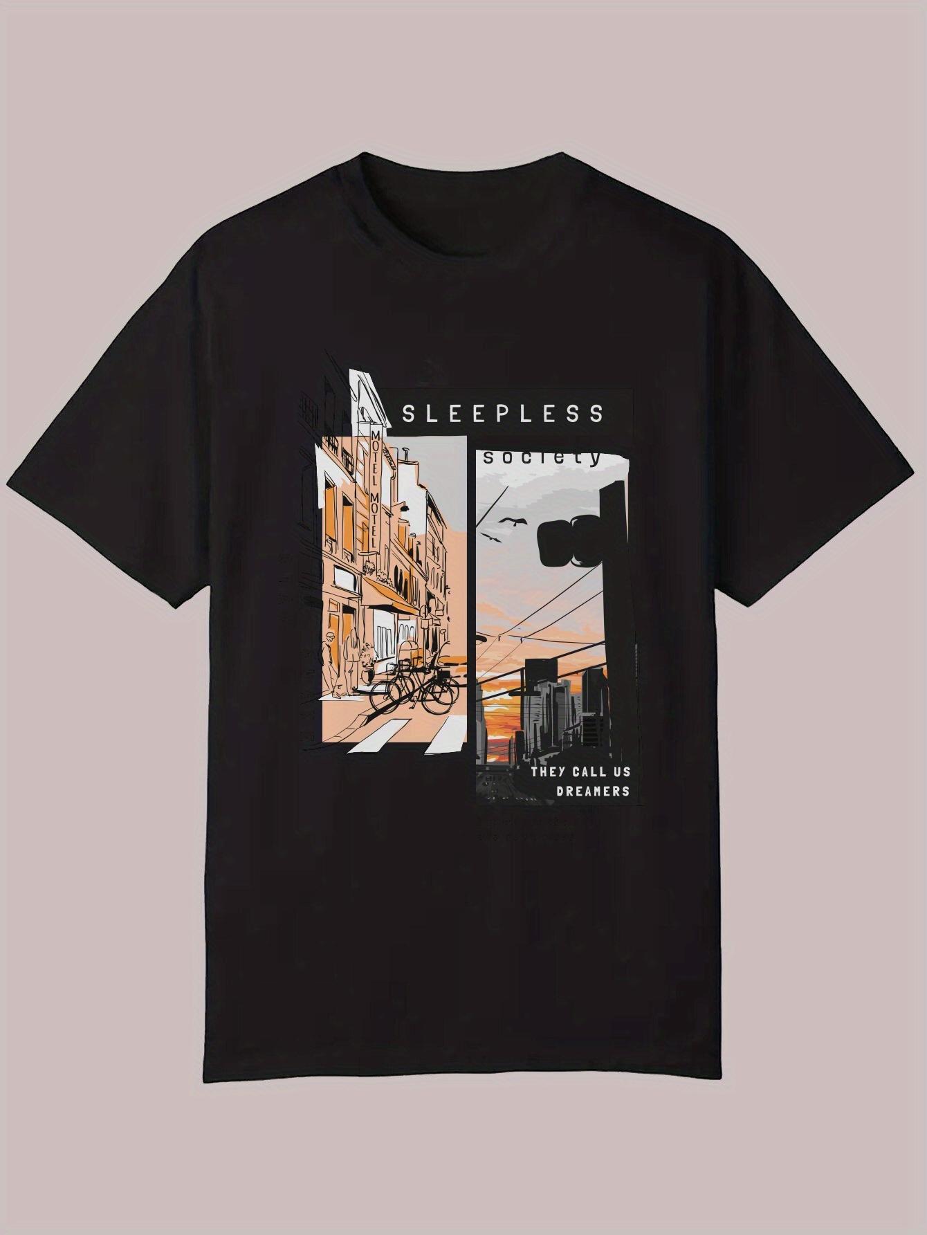 Summer Casual Graphic T-shirt - Urban Cityscape & SLEEPLESS Text Print M
