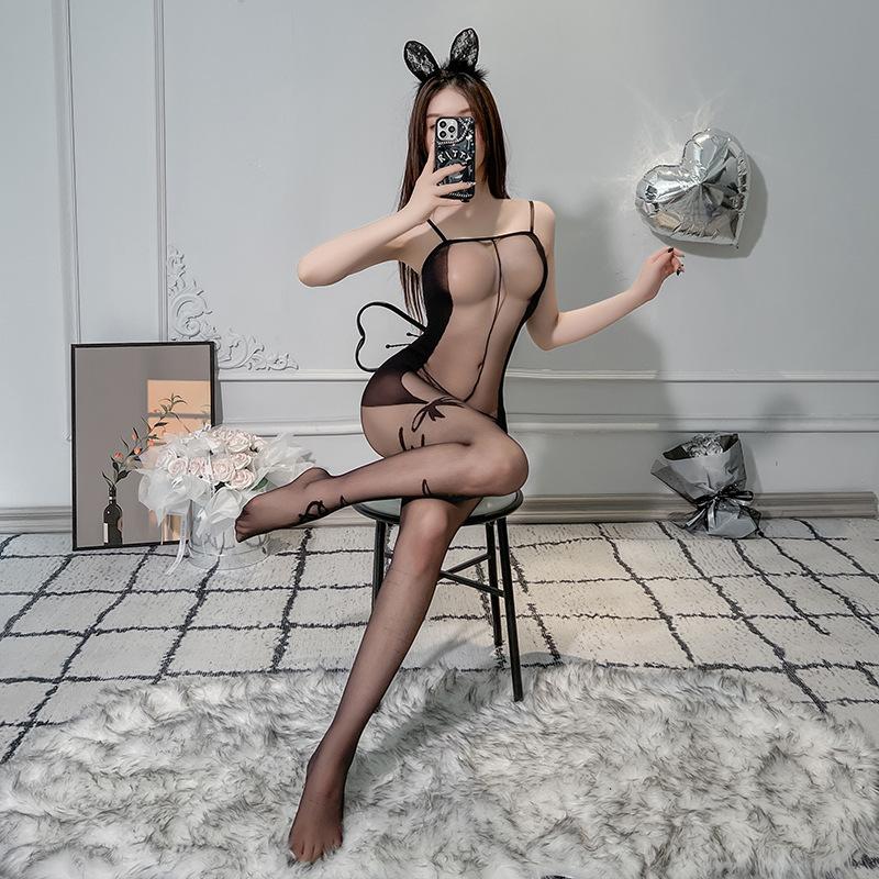Sexy Underwear Perspective Female Sexy Mesh Garment Suspender Bow Jacquard Stockings Onesie Open File Free of Temptation