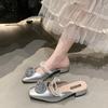 Fashion Mules For Women 2025 String Bead Square heel Cover Toe Low High-Heeled Shoes Lady Flower Ladies' Slippers Block Slides Floral
