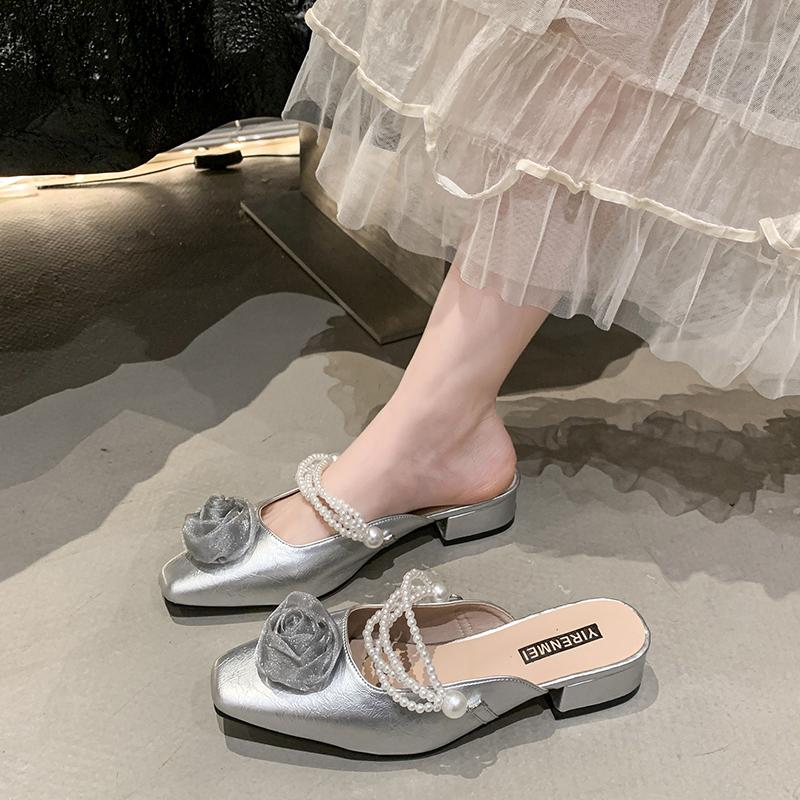 Fashion Mules For Women 2025 String Bead Square heel Cover Toe Low High-Heeled Shoes Lady Flower Ladies' Slippers Block Slides Floral