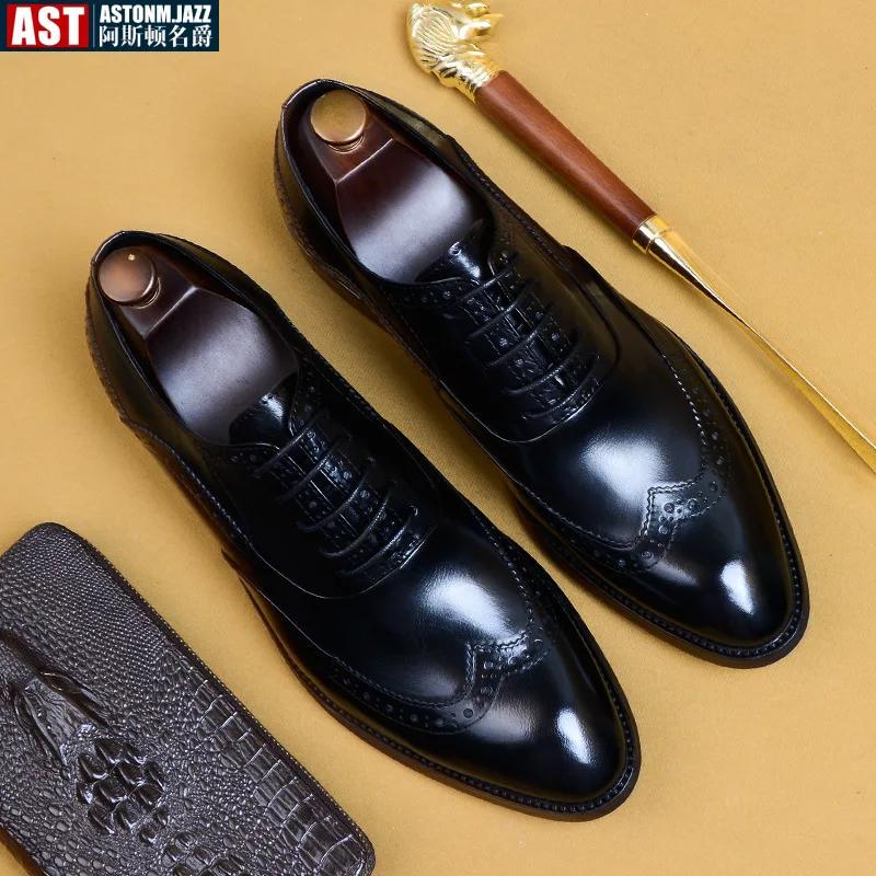 Genuine Cow Leather Brogue Wedding Business Men Casual Flats Vintage Handmade Oxford Shoes for Men Black Burgundy 2024