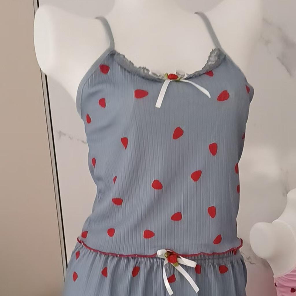 Women Pajama Set Lace Trim Camisole & Shorts – Sexy Strawberry Print Two-Piece Sleepwear Lounge Wear