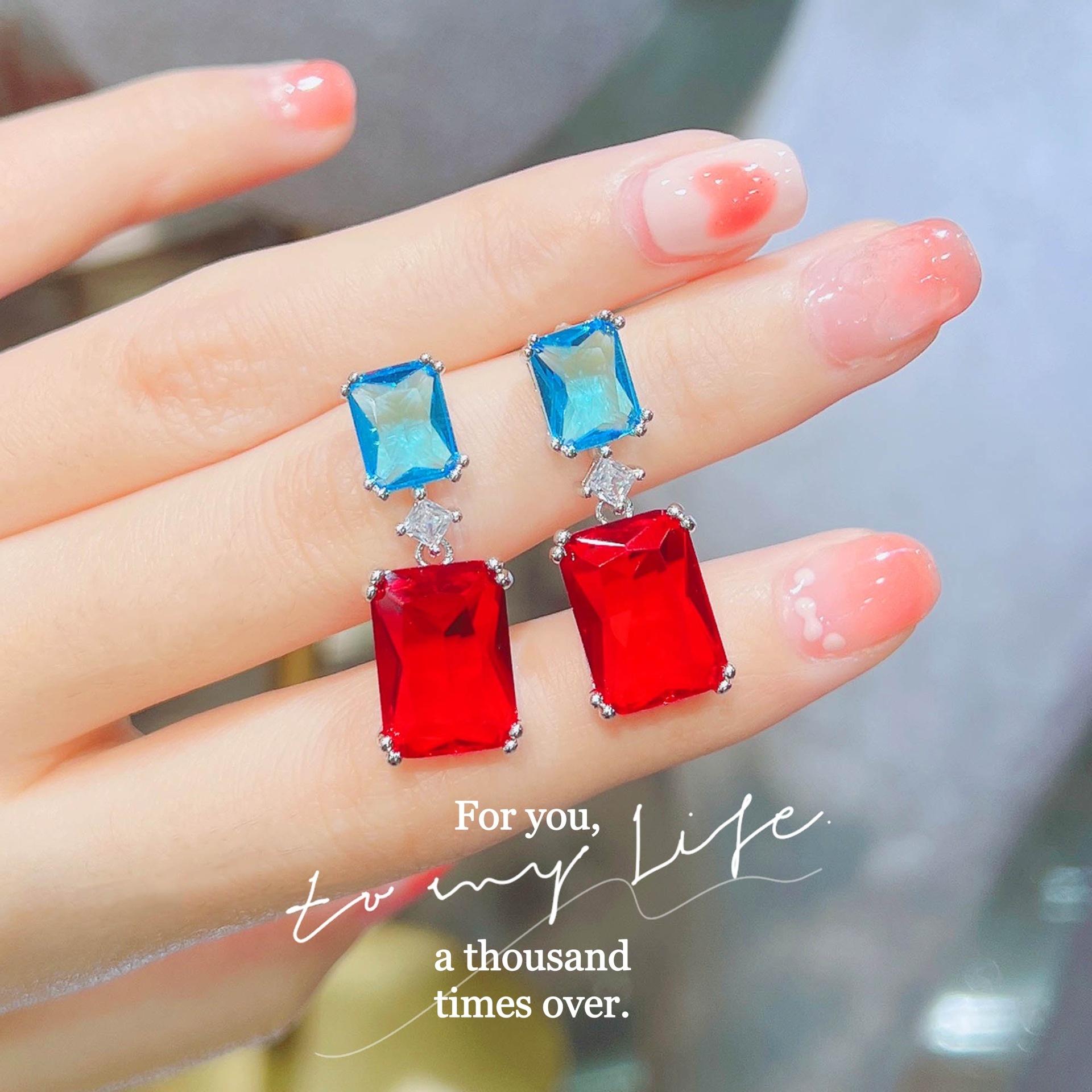 Wind Retro Emerald Earrings Square Color Zircon Stud Earrings Colorful Color Matching Temperament Earrings Women S Long Earrings