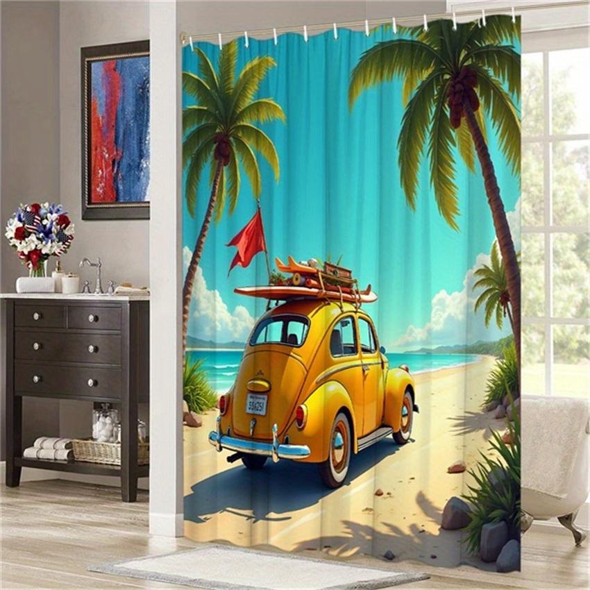 

Tropical Beach Theme Car Surfboard Shower Curtain-Vibrant Decorative Bathroom Decorative Shower Curtain 12 Hooks,180X180Cm W60H190(CM)-1 Pcs