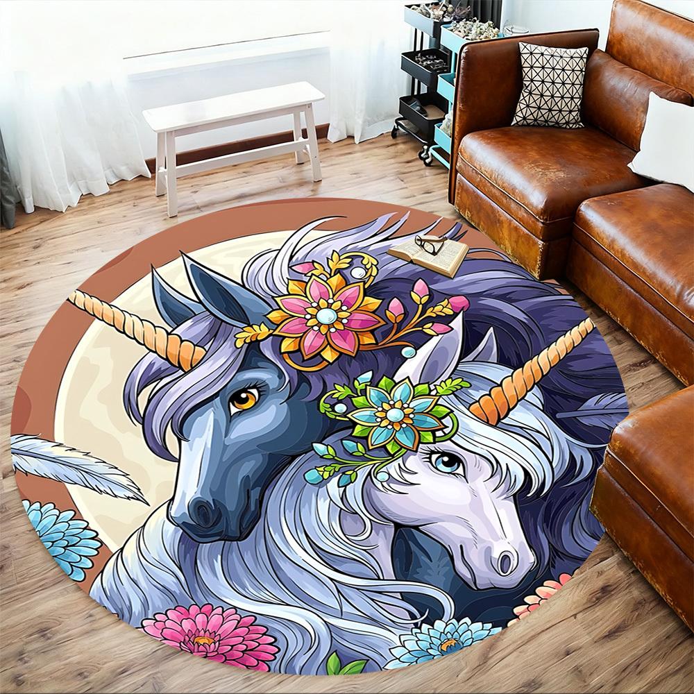 1pc Unicorn Flowers Round Chair mat Area Rug - Non-Slip, Floor Mat for Office, Bedroom, and Indoor Decor c1125419