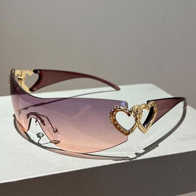 Vintage Fashion Brand Designer Y2K Rimless Sunglasses Women UV400 Metal Love Heart One Piece Sun Glasses Trending Punk Shades