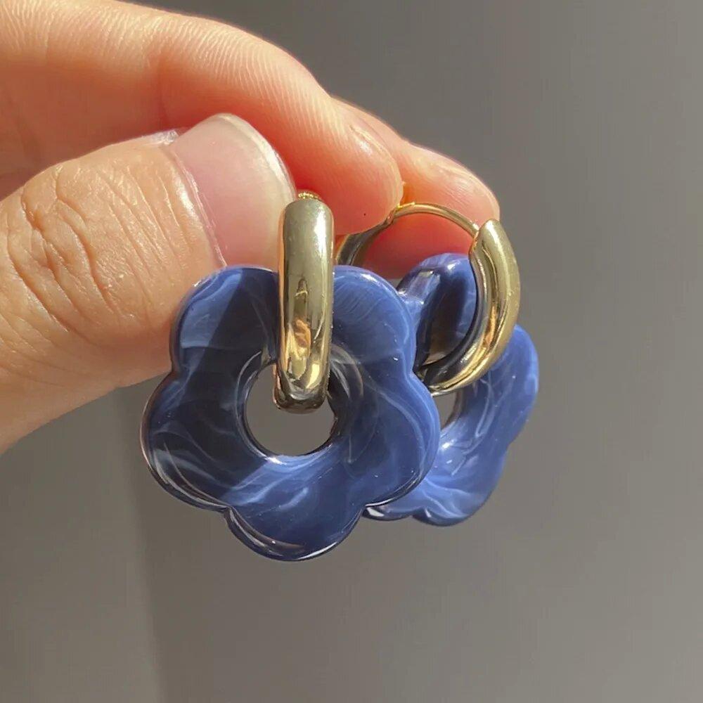 Cute Resin Colorful Flower Charms Earring Gold Color Circle Ear Buckle Hoop Earrings  Jewelry for Women