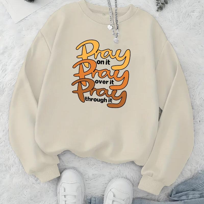 Women s Simple Printed Crew Neck Hoodie, Classic Pattern & Versatile, All-Season Layering XXL бежевый