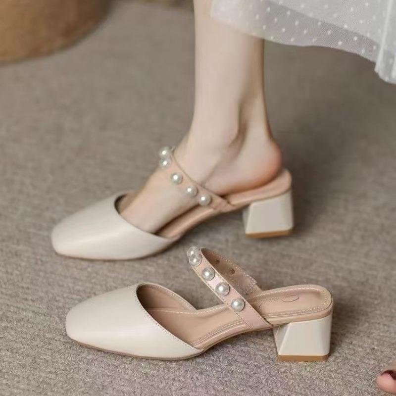 Gentle and Cool Slippers Women's New Breathable Summer Versatile Outer Wear Bag Head Half Support High Heel Slippers