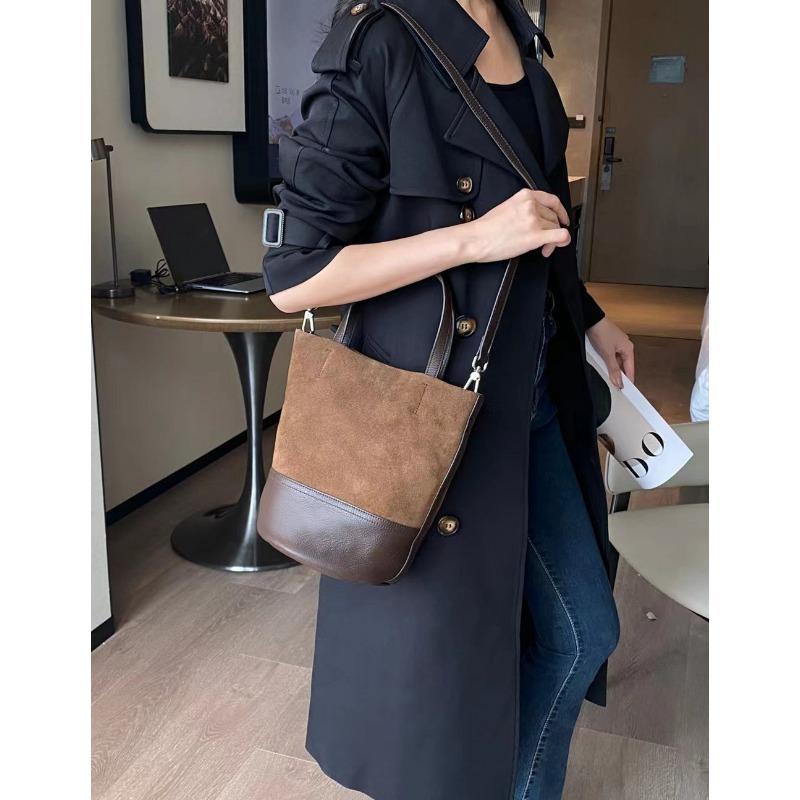 Frosted Cowhide Bucket Bag Genuine Leather Crossbody Handbag for Women