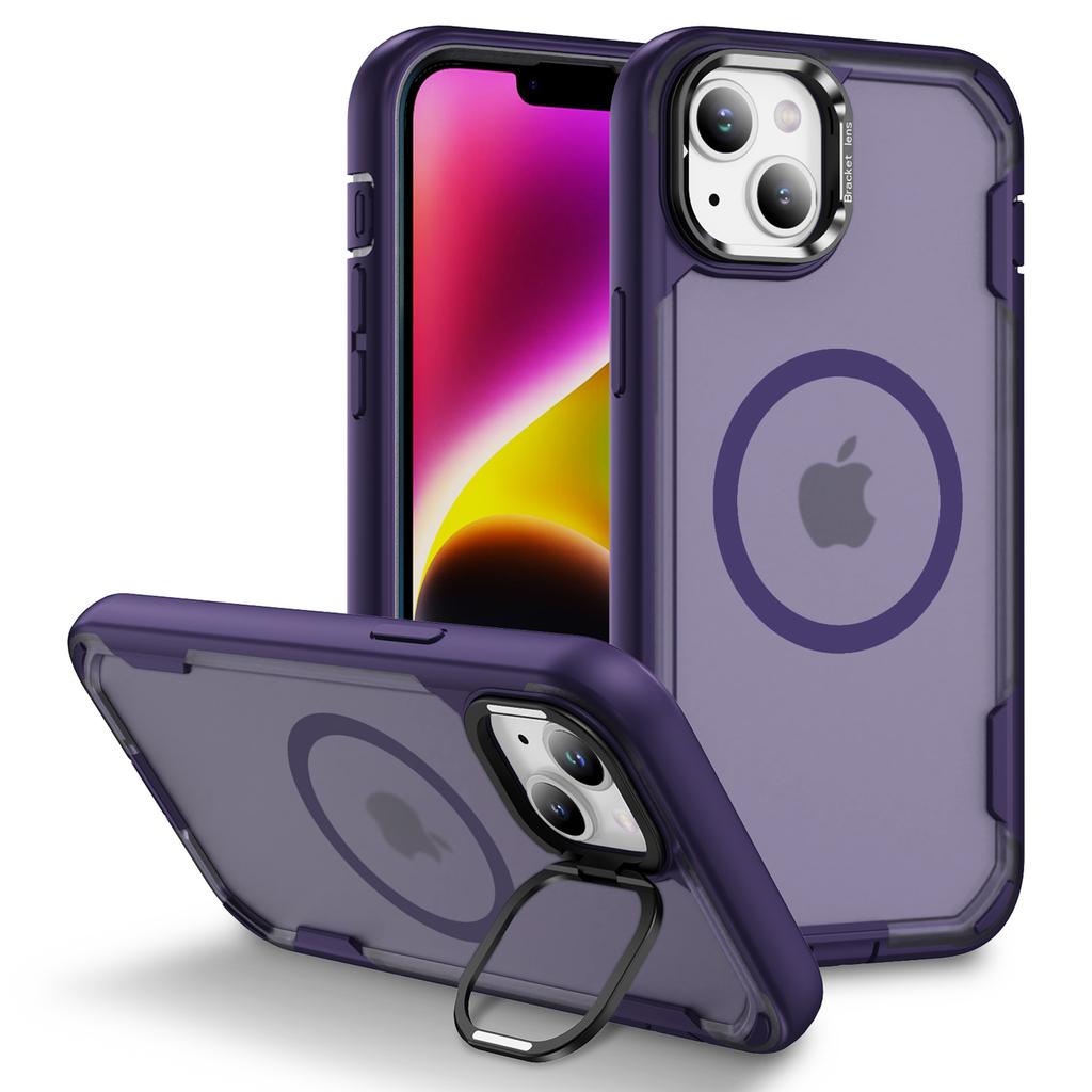 For iPhone 14/13 Case Compatible with MagSafe Lens Frame Kickstand TPU+PC Shockproof Phone Cover