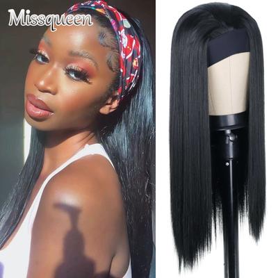Lange gerade schwarze Perücke für Frauen mit Stirnband, synthetische Faser, natürliche schwarze gerade Perücke, Afro-Cosplay, Alltagskleidung