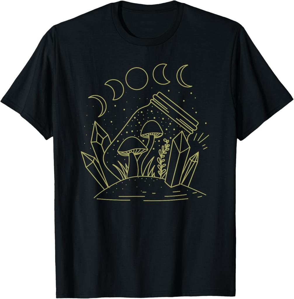 Mushroom Moon Jar Witchcraft Celestial Graphic Tee Cottagecore Casual Cotton T-Shirt