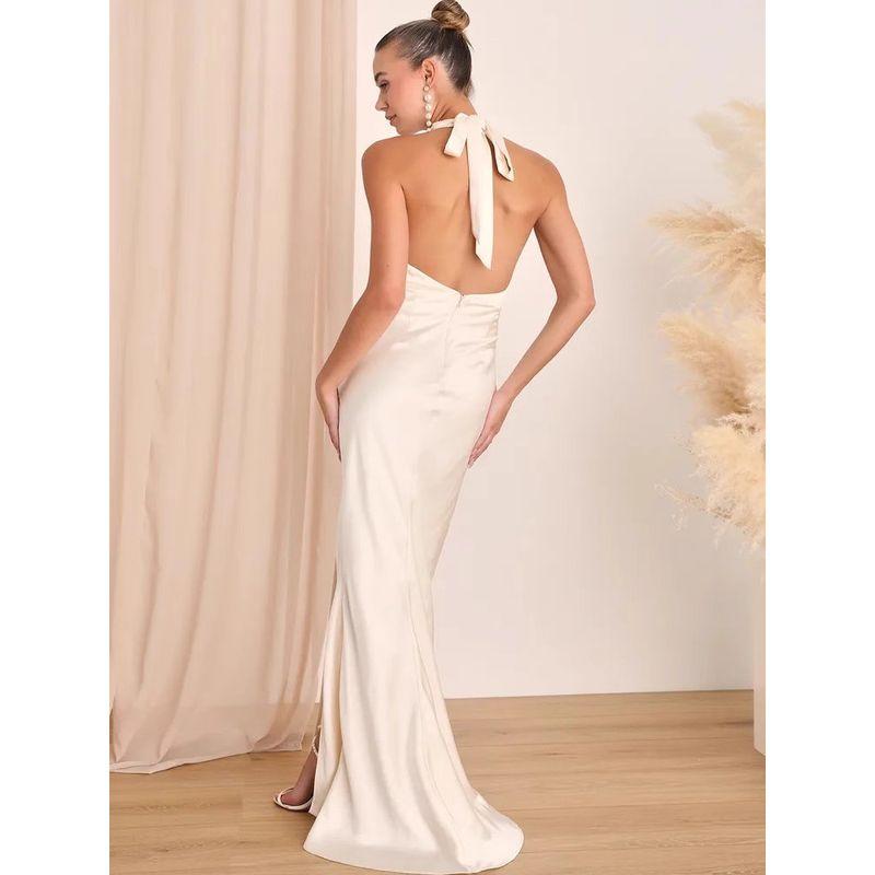 Foreign Trade Order Lu's Hanging Neck Slimming Temperament Lace-up Smooth Fabric High Quality Cross Sexy Small Tail Dress