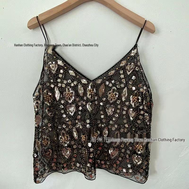 Niche Summer Women's Sequin Beaded Slimming V-Neck Camisole Vest - Elegant and Sexy Style