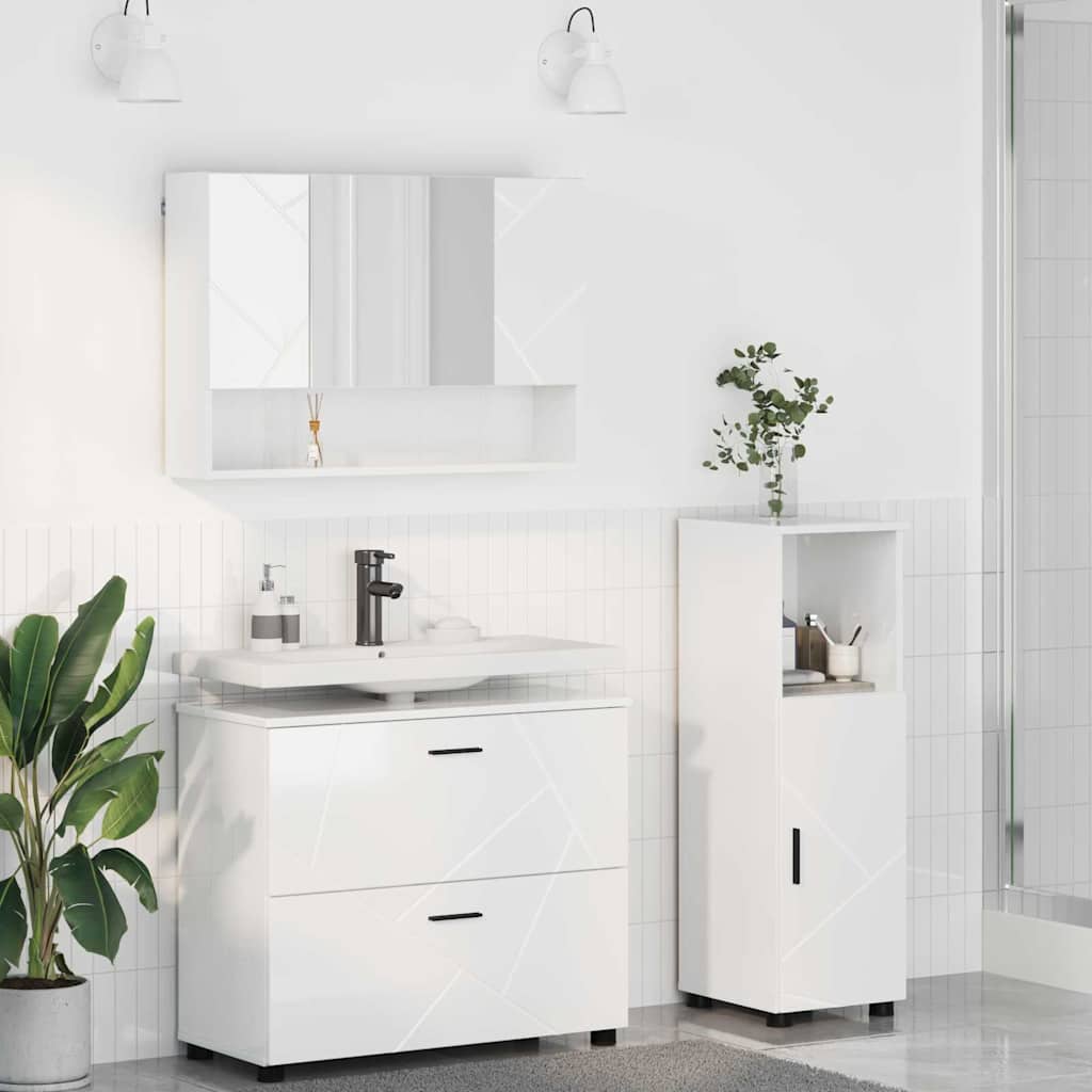 Bathroom Furniture Set 3 pcs High Gloss White Plywood and Metal