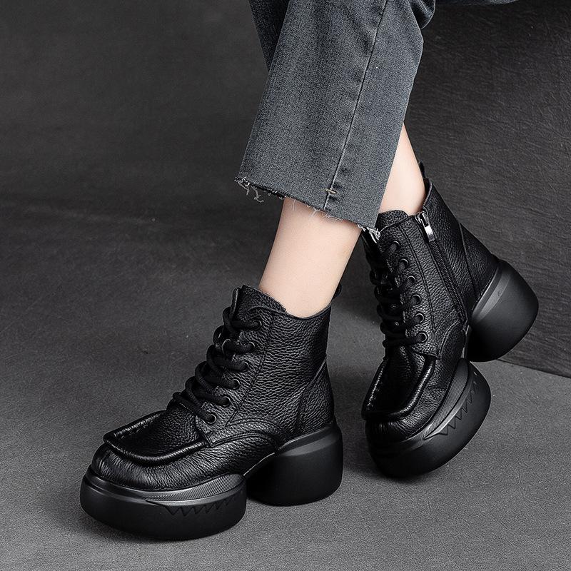 Fashion GKTINOO Women Motorcycle Boots Genuine Leather 2025 New Zip Thick Soled Women Shoes Sewing Handmade Retro Short Platform Boots