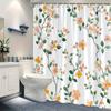 1 delicate orange and peach floral shower curtain, soft watercolor design, with hooks, polyester fabric, machine washable