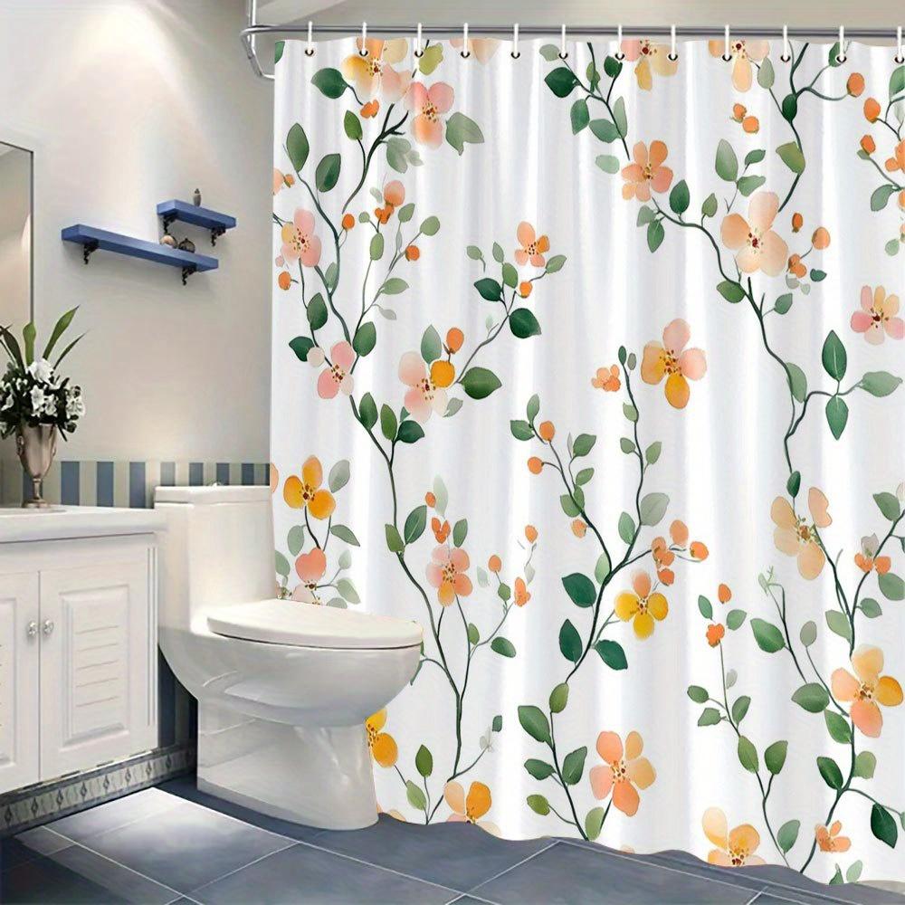 1 delicate orange and peach floral shower curtain, soft watercolor design, with hooks, polyester fabric, machine washable