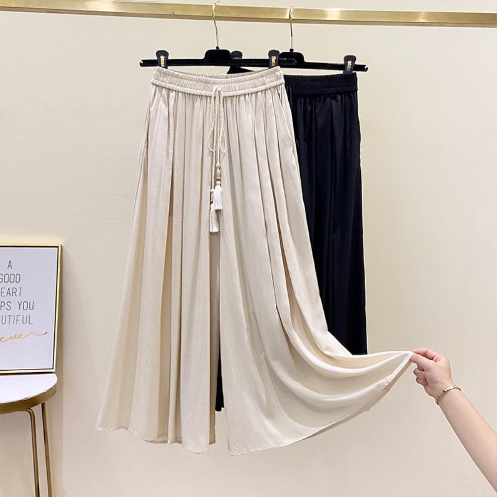 Women's High Waist Solid Color Seven Point Wide Leg Pants Loose Fit Elegant Ice Silk Culottes