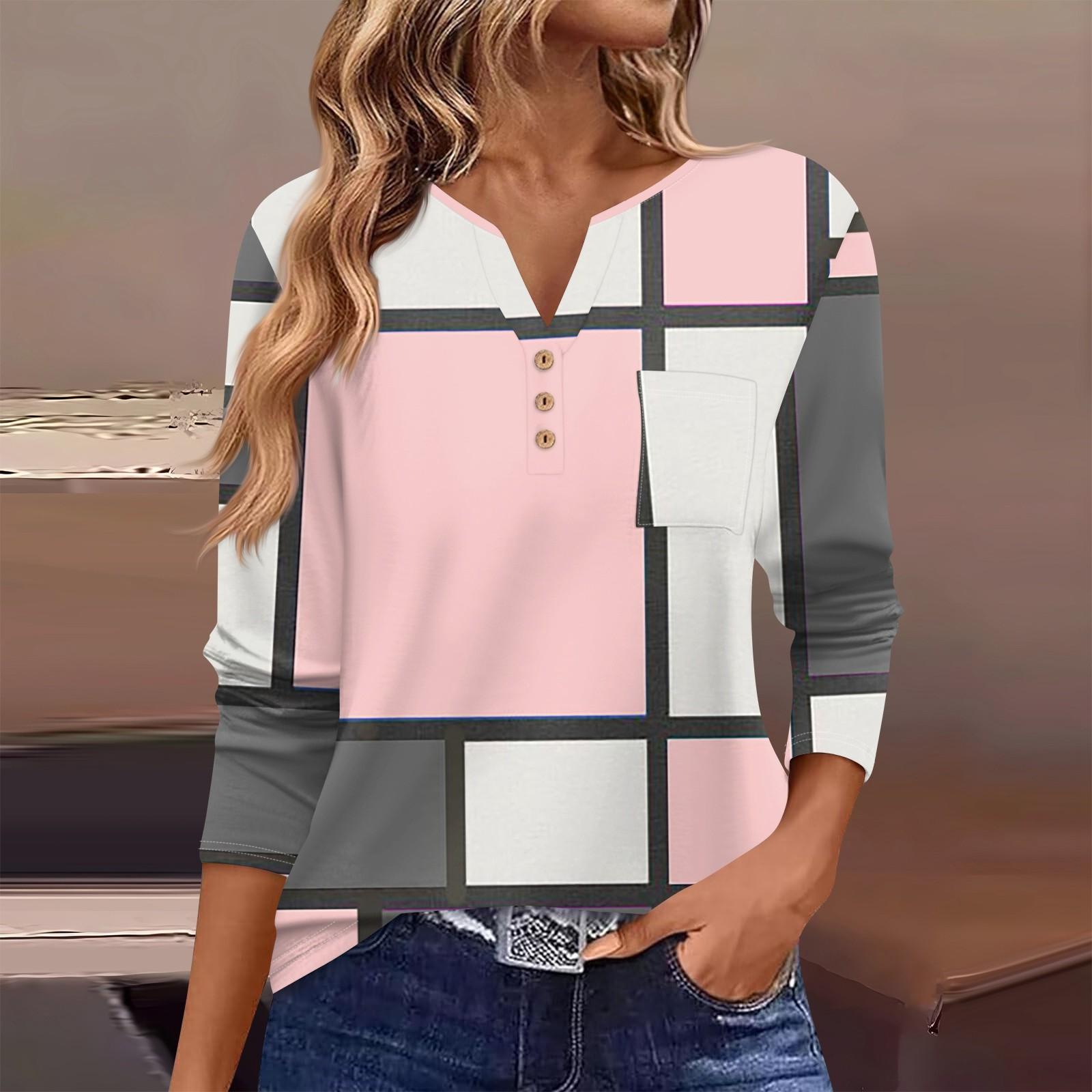 

Женская футболка с длинным рукавом на пуговицах, повседневная, выходного дня, модная, базовая, с V-образным вырезом, обычная, с карманом L розовый