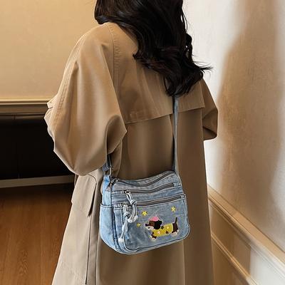 Borsa in Denim Ricamata a Cartoni Animati da Donna a Spalla o Crossbody