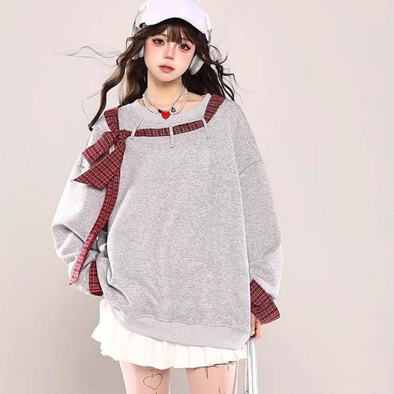 Women's Lace Up Long Sleeved Sweatshirt Round Neck Fake Two Loose Solid Color Women's Hoodies Autumn Fashion New Female Top