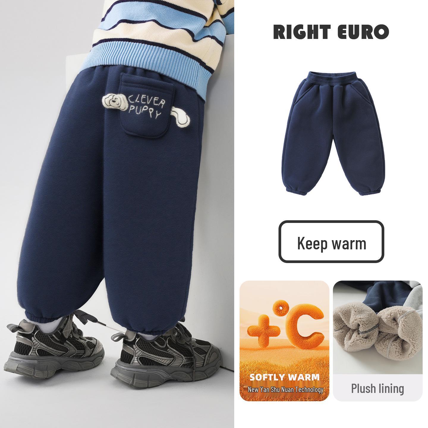 

European Boys Fleece-Lined Sports Pants - Thick Winter Sweatpants for Toddlers & Children, 2025 Autumn/Winter Collection 90 cm
