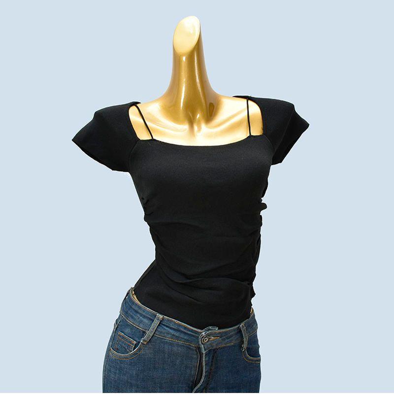 Square Collar Knitted Short Sleeve T-shirt Women 2025 New Popular Summer Slim Fit Design Sense Gyaru Short Top