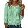 Women's Round Neck Pull Stripe Decorative Button Top Casual Solid Color 3/4 Sleeve T Shirt