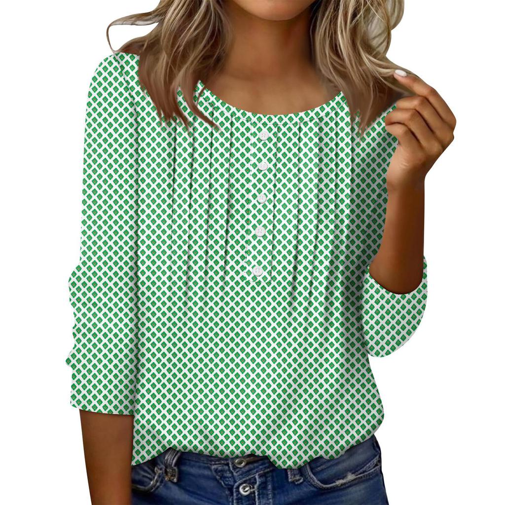 Women's Round Neck Pull Stripe Decorative Button Top Casual Solid Color 3/4 Sleeve T Shirt