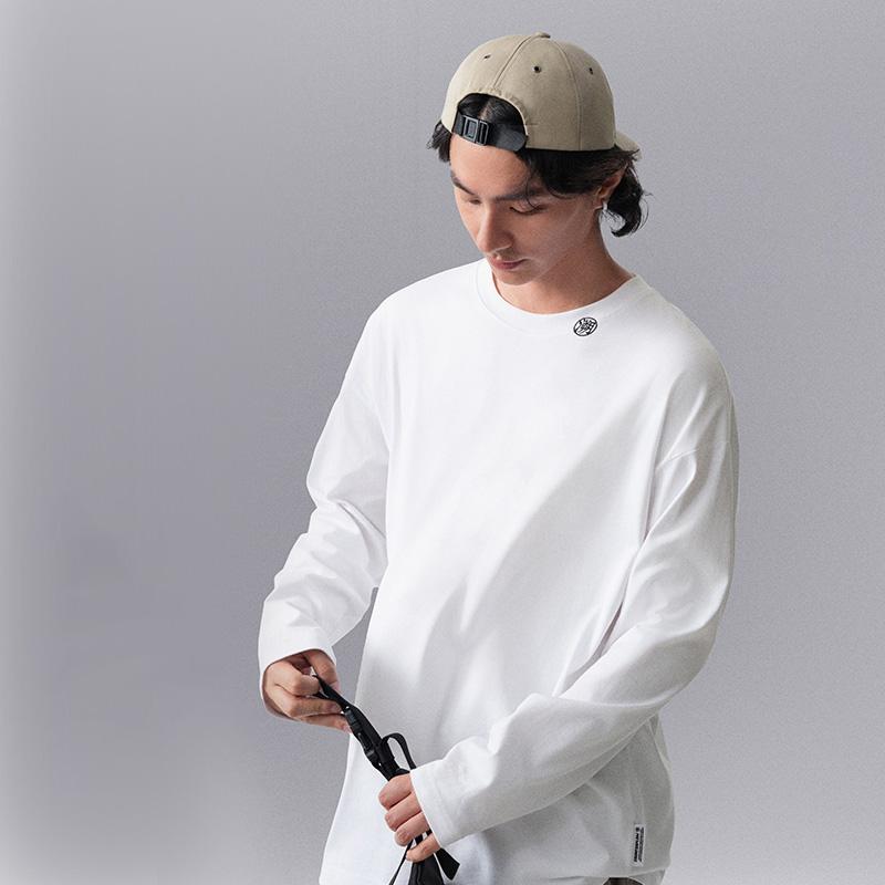 Li Ning CF Letter Print Casual Sports Crew Neck Pullover Long Sleeve Drop Shoulder T-Shirt Men Tops Standard-White ATLU113-2