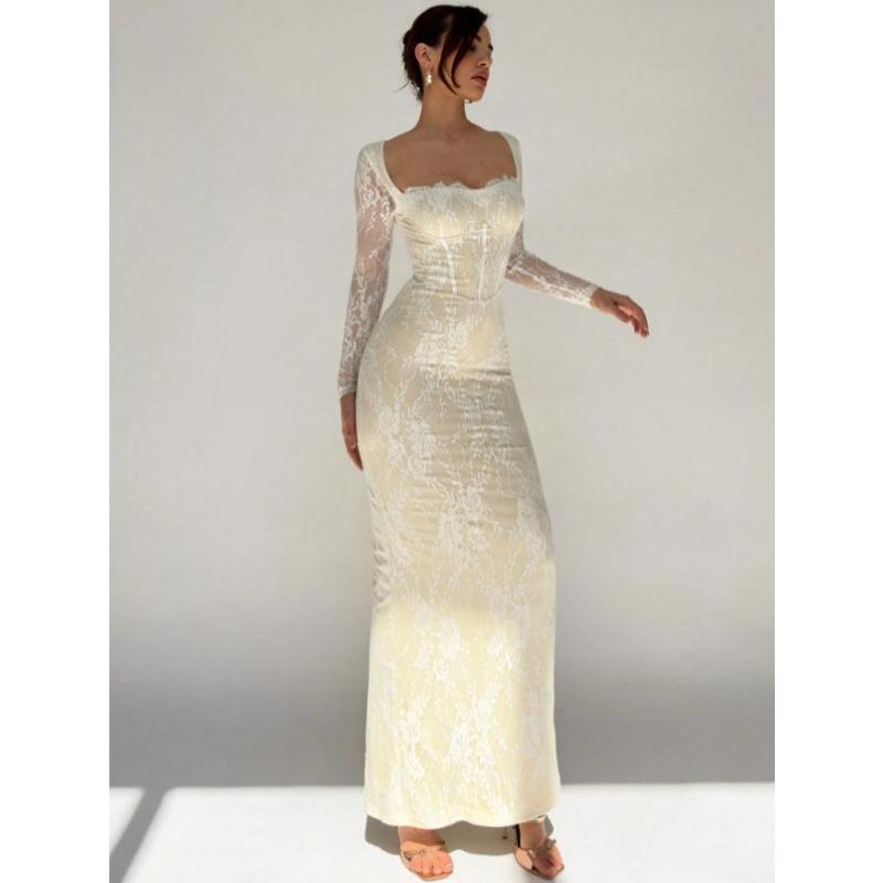 Xiyin Nian Square Neck Lace Splicing Split Fork Waist Skinny Long Sleeve Hip Wrap Zipper Dress