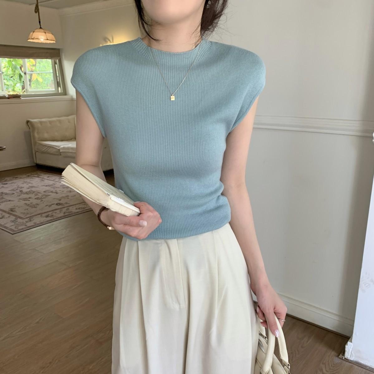 

Летний темперамент Прилегающий и универсальный базовый темперамент Вязаный свитер женский топ с короткими рукавами трендовый one size fits all синий