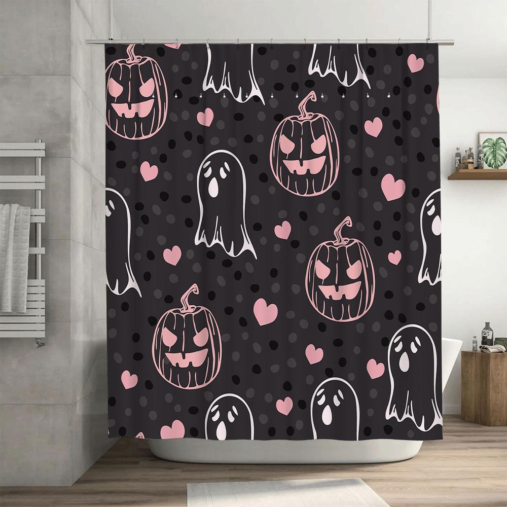 Halloween-themed Ghosts Pumpkins Shower Curtain for Bathtub Decoration Black with Pink Accents Decorative Bath Mat Set (180x240c