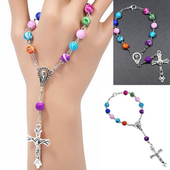 Christianity Goddess Jesus Cross Pendant Colorful Beads Chain Women Bracelet