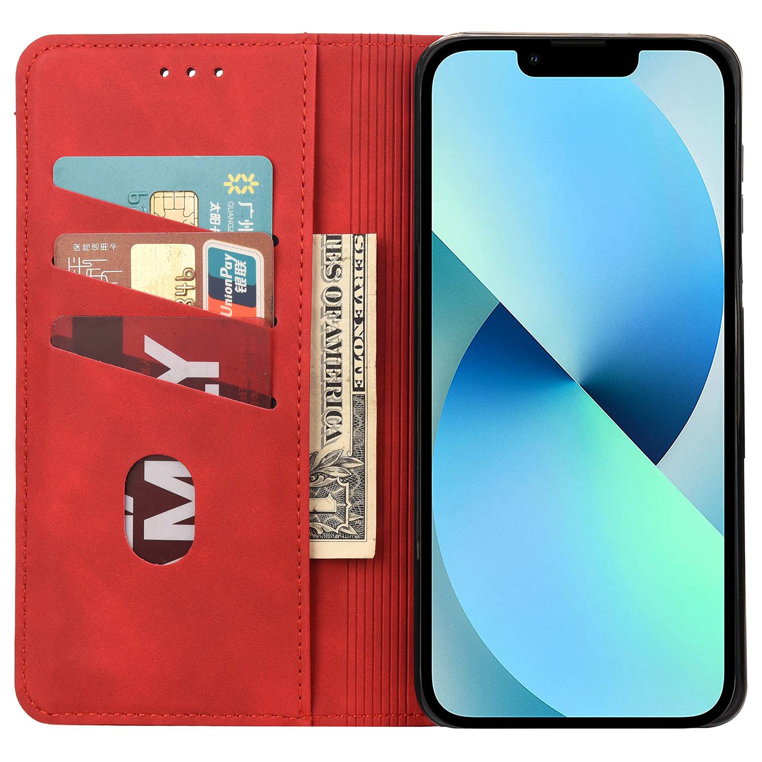 

For iPhone 14 6.1 inch Stand Wallet Splicing Skin-touch Leather Phone Case Magnetic Auto-absorbed Folio Flip Cover Red