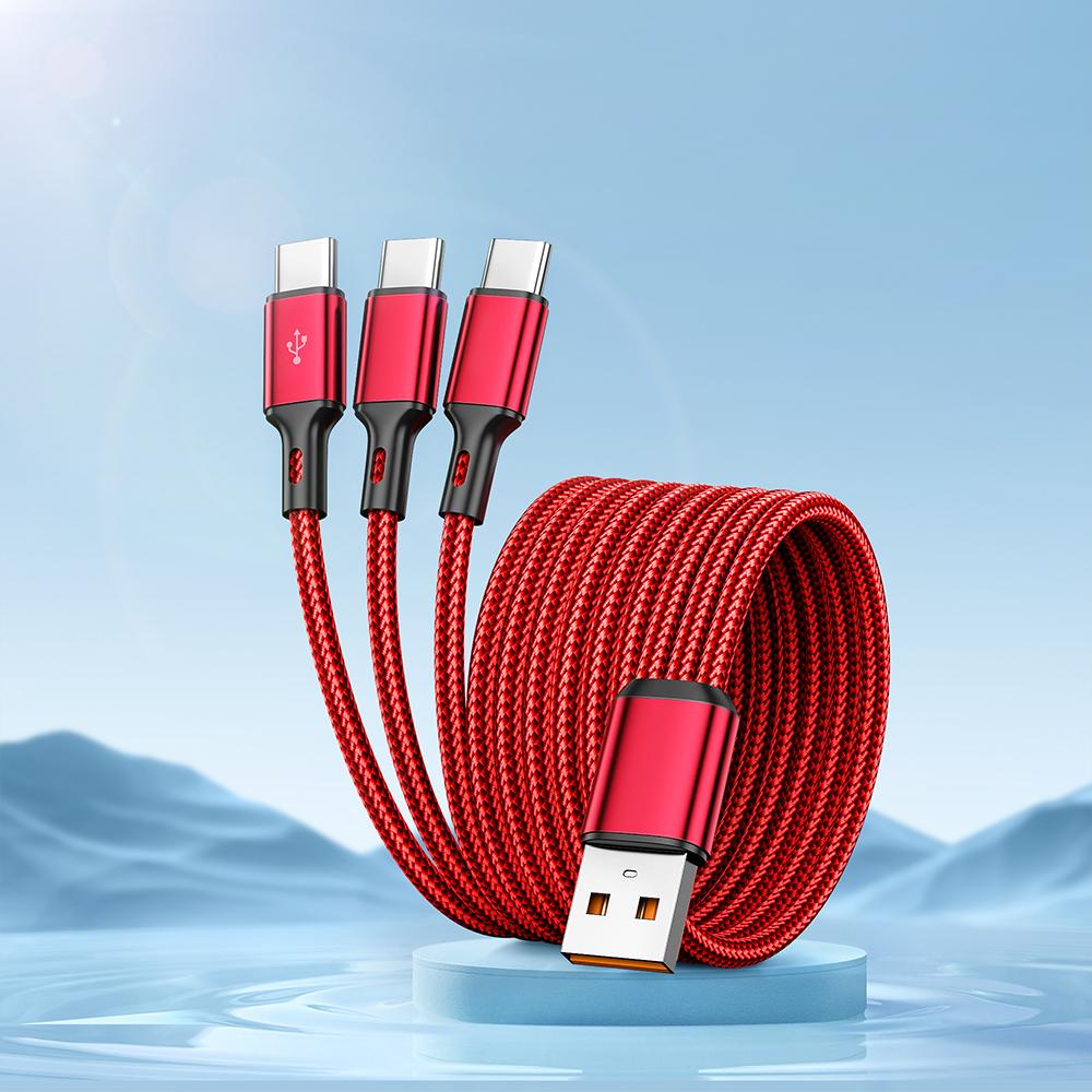 

100W 6A 3 In 1 USB-A to 3 ×Type-C Fast Charging Data Cable For Samsung Galacy S24 S23 Xiaomi Redmi Huawei USB C Charge Data Cord 0.2m червоний