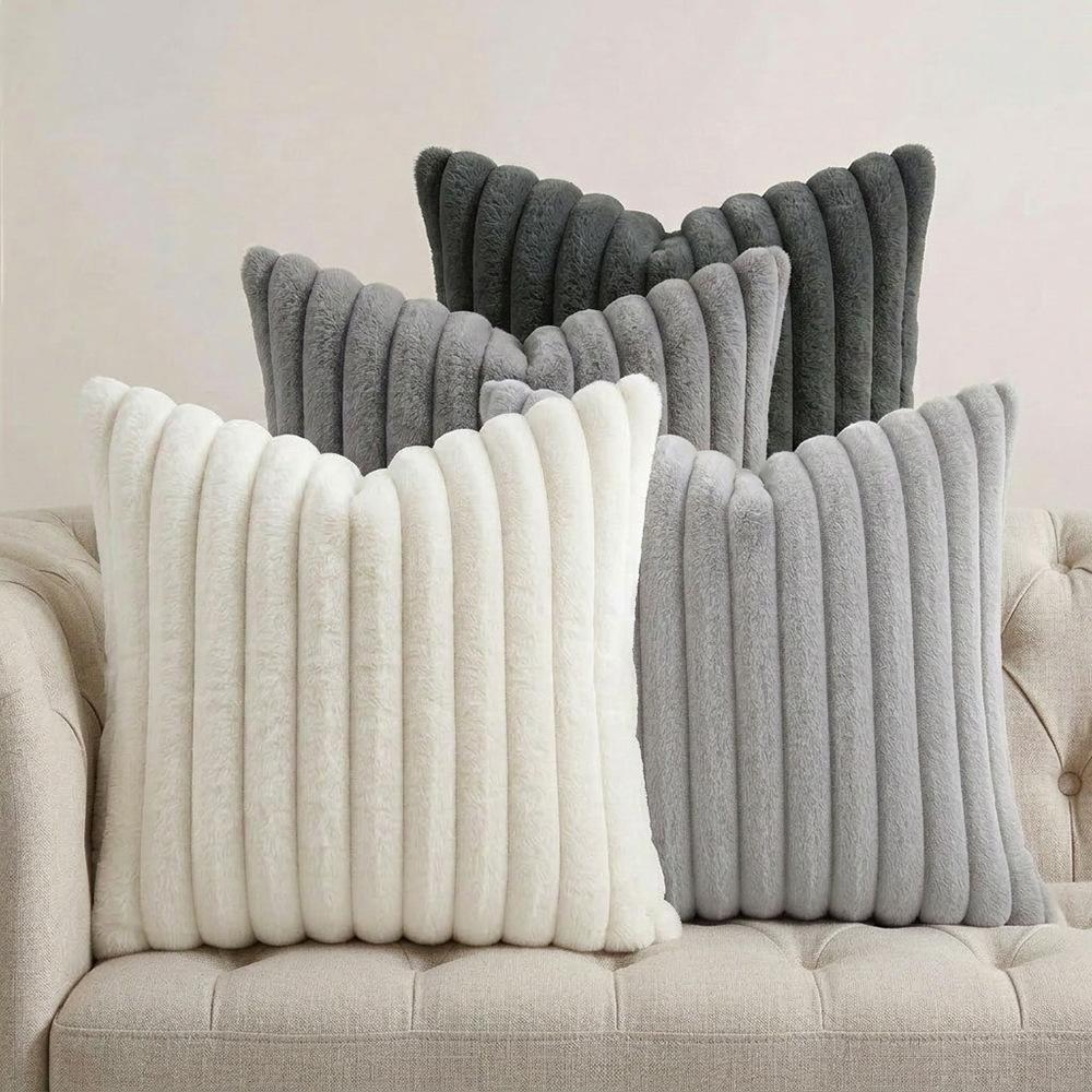 4PCS Soft Plush Pillowcases, Solid Color Striped Faux Rabbit Fur Pillowcases, Living Room Sofa Cushion Covers
