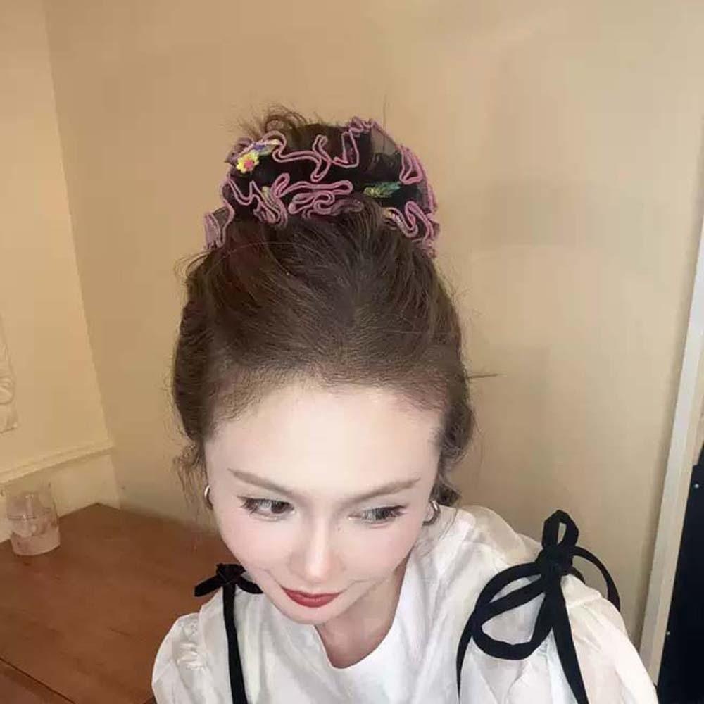 Large Intestine Circle Embroidered Mesh Scrunchie Elastic Bun Rubber Bands Floral Hair Rope  Women