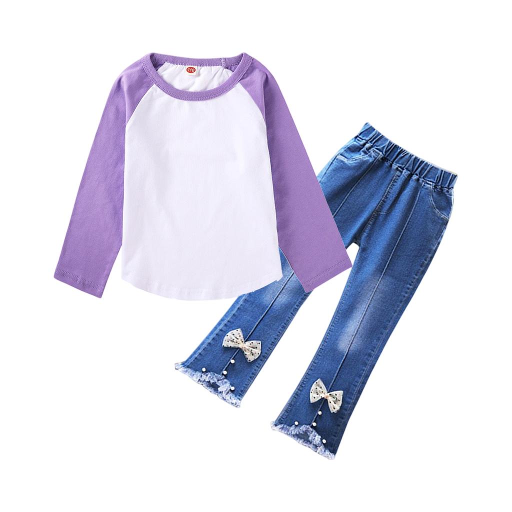 Girls' Raglan Tee Set - Long Sleeve & Jeans Outfit