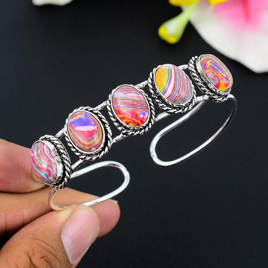 

Orange Calsilica Gemstone 925 Sterling Silver Cuff Bangle Adjustable KG-253