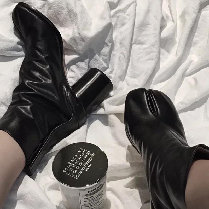 Fashion Luxury Brand Design Leather Tabi Boots Fashion Round Chunky High Heel Ankle Boots For Women Autumn Winter Split Toe Shoes