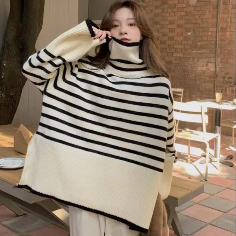 Striped turtleneck knitted sweater contrasting color turtleneck pullover sweater design sense loose versatile knitted top women