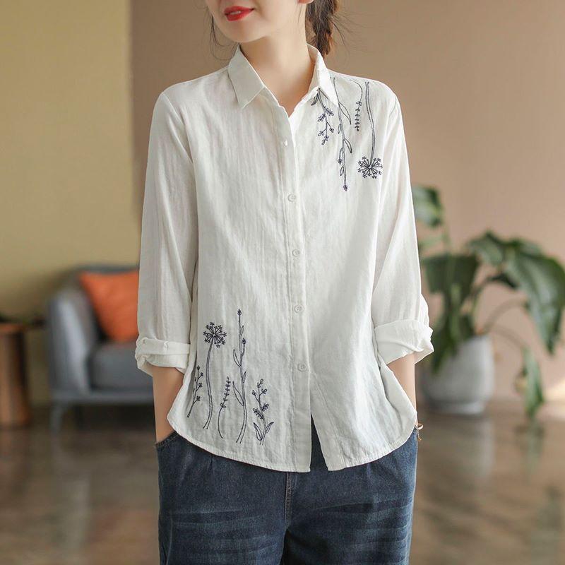 Cotton Women's Shirt Embroidery Elegant Blouse Long Sleeve Top Vintage Clothing Button Up White Shirts Ladies Office Outfit