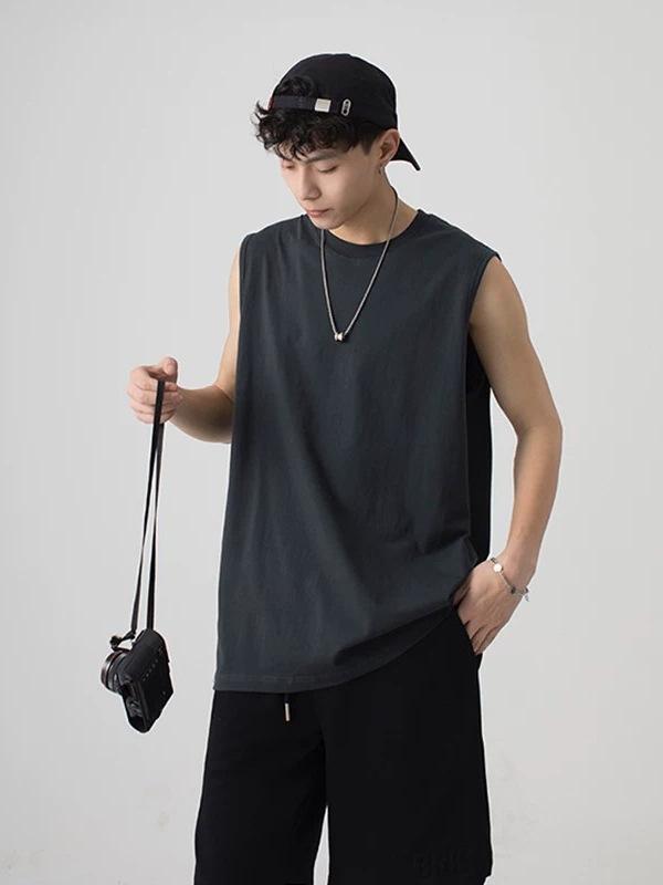 Summer Men's Sleeveless Tank Top Crew Neck Basketball Fitness Training Vest Solid Loose Breathable Quick-Dry Athletic Shirt